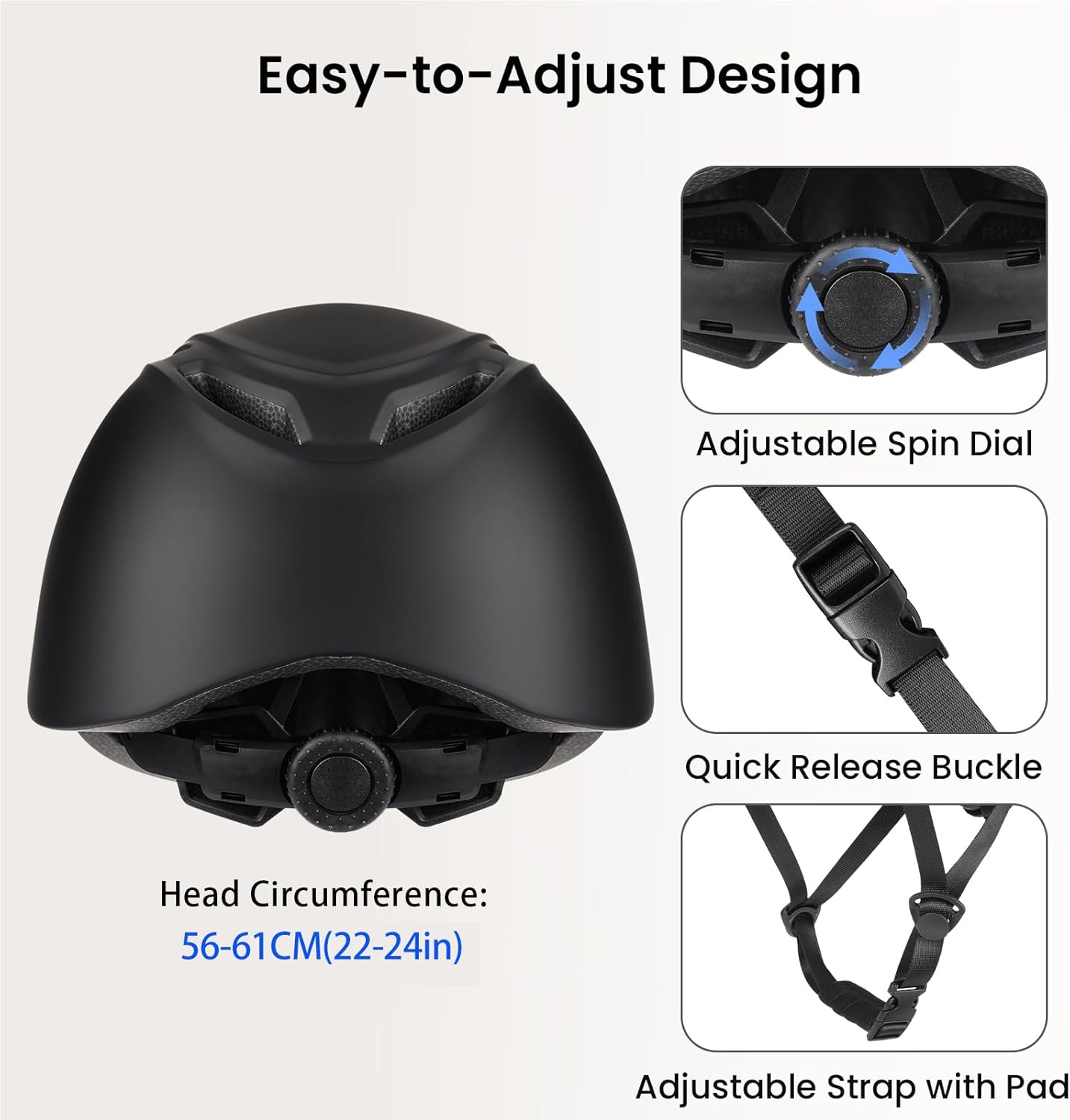 Adjustable Matte Black Cycling Helmet - Fits Head Circumference 56 - 61cm, with Quick - Adjust Dial & Safety Buckle (Urban Commuting/Cycling Protective Gear )