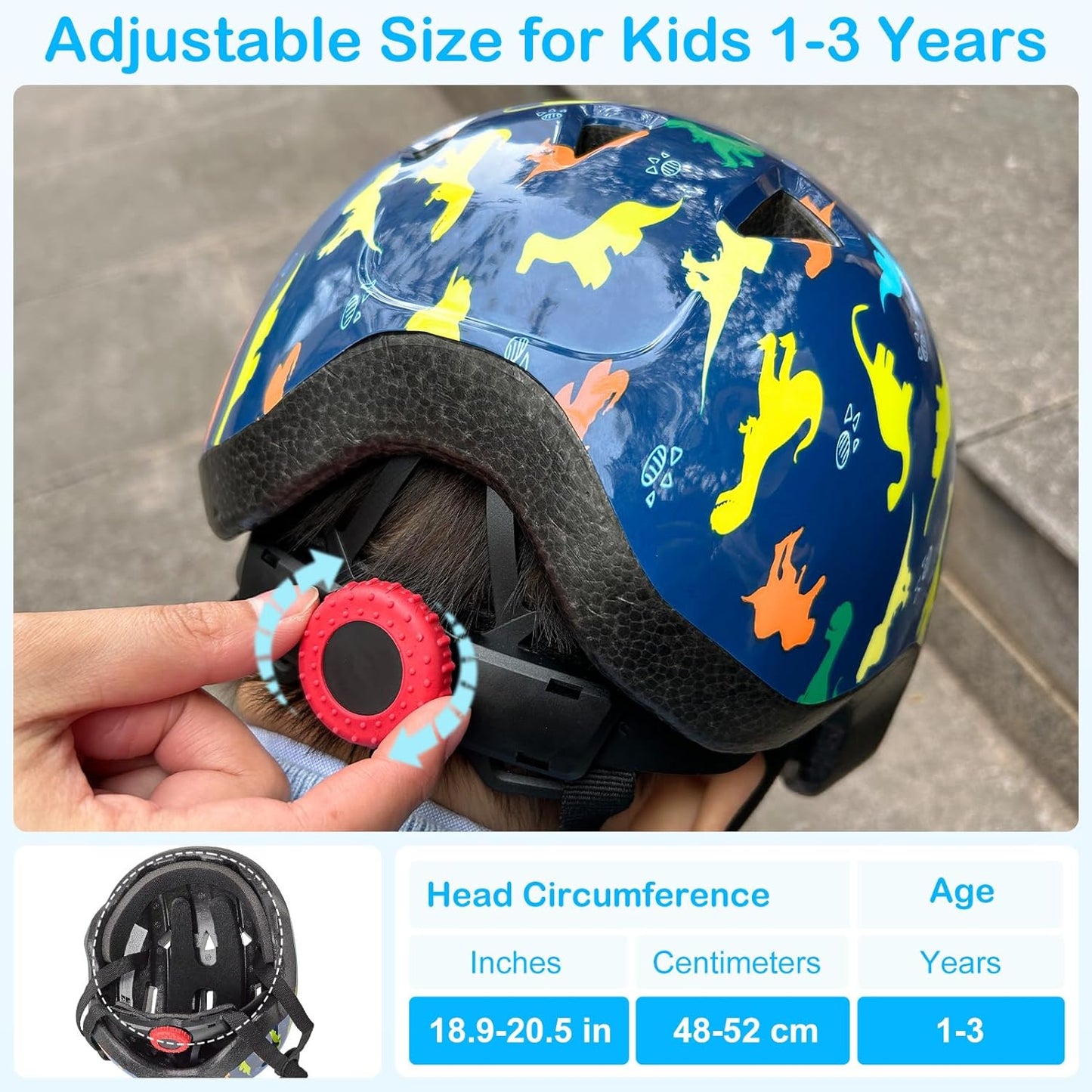 Adjustable Dinosaur - Printed Helmet for Toddlers 1 - 3 Years Old - Fits Head Circumference 48 - 52cm, Safety Protection for Skating, Skateboarding & Cycling