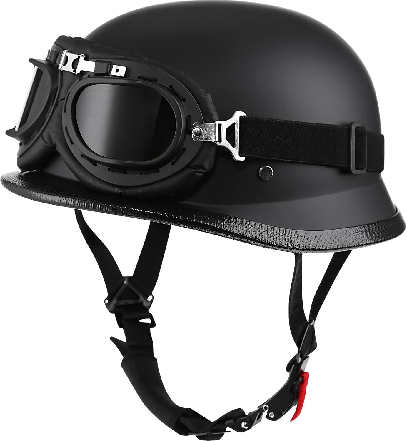 Retro Half Motorcycle Helmet with Goggles – Matte Black Lightweight ABS Shell, Adjustable Chin Strap, for Men & Women (Head Size: 21.2"–23.6")