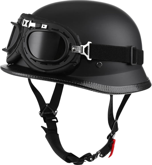 Retro Half Motorcycle Helmet with Goggles – Matte Black Lightweight ABS Shell, Adjustable Chin Strap, for Men & Women (Head Size: 21.2"–23.6")