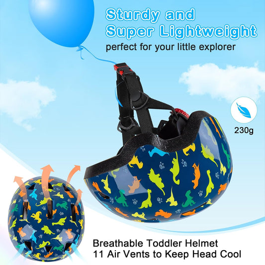 Adjustable Dinosaur - Printed Helmet for Toddlers 1 - 3 Years Old - Fits Head Circumference 48 - 52cm, Safety Protection for Skating, Skateboarding & Cycling